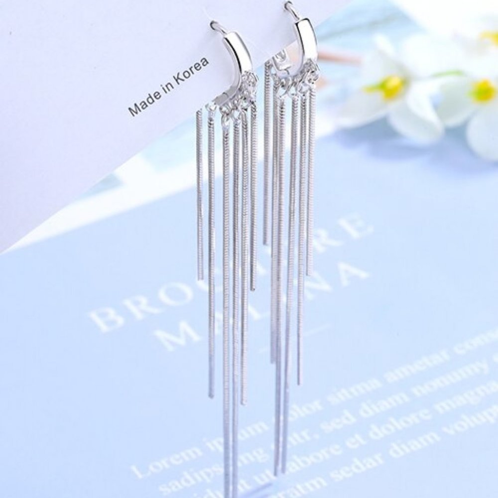 NEW 925 Sterling Silver Tassel Hoop Earrings - Picture 2 of 8